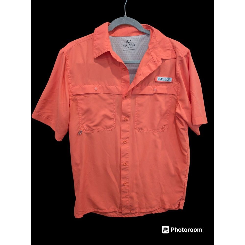 Realtree Shirt Small Orange/Pink Fishing Button Down Short Sleeve Vented